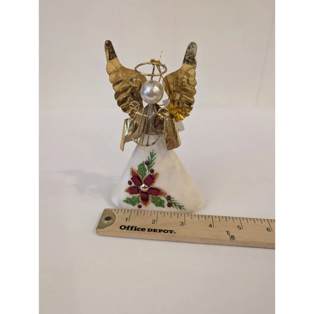 VTG Pier 1 Capiz Shell Christmas Angel Ornament W Harp Figure 3D Decorated Gold